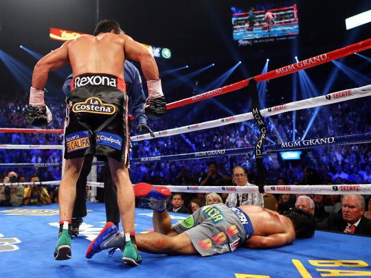 Juan Manuel Marquez knocks out Manny Pacquiao in the sixth round in Las Vegas, 2011