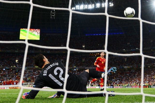 Sergio Ramos scores a Panenka penalty against Portugal at Euro 2012