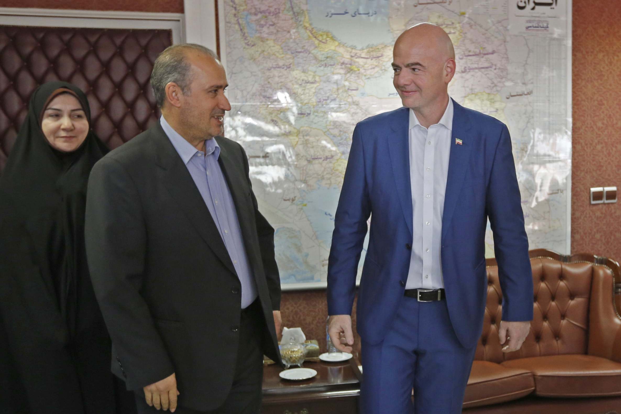 Iranian Football Federation president Mehdi Taj and Fifa president Gianni Infantino in Tehran in 2018