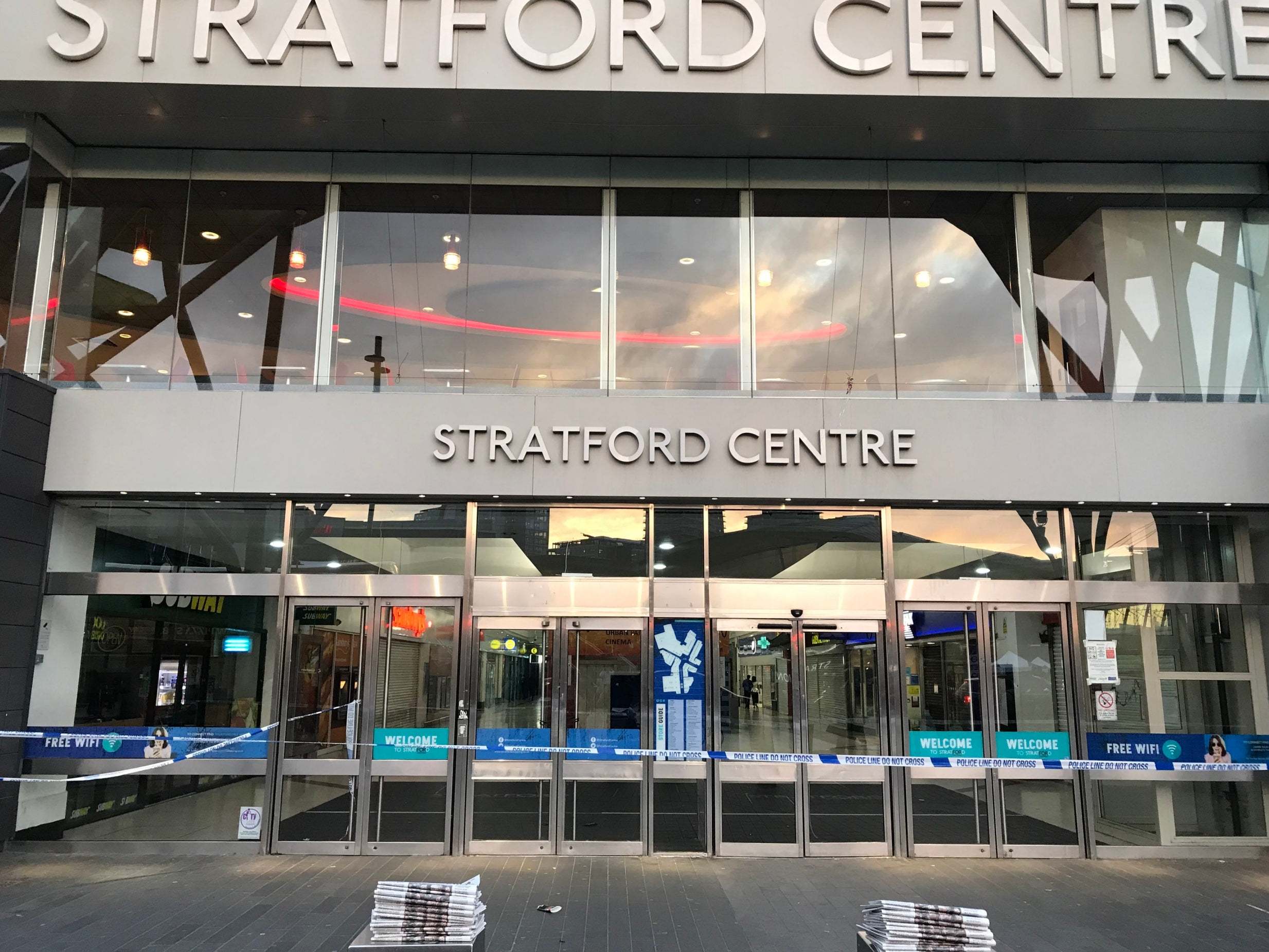 Police tape outside the Stratford Centre in Stratford, east London