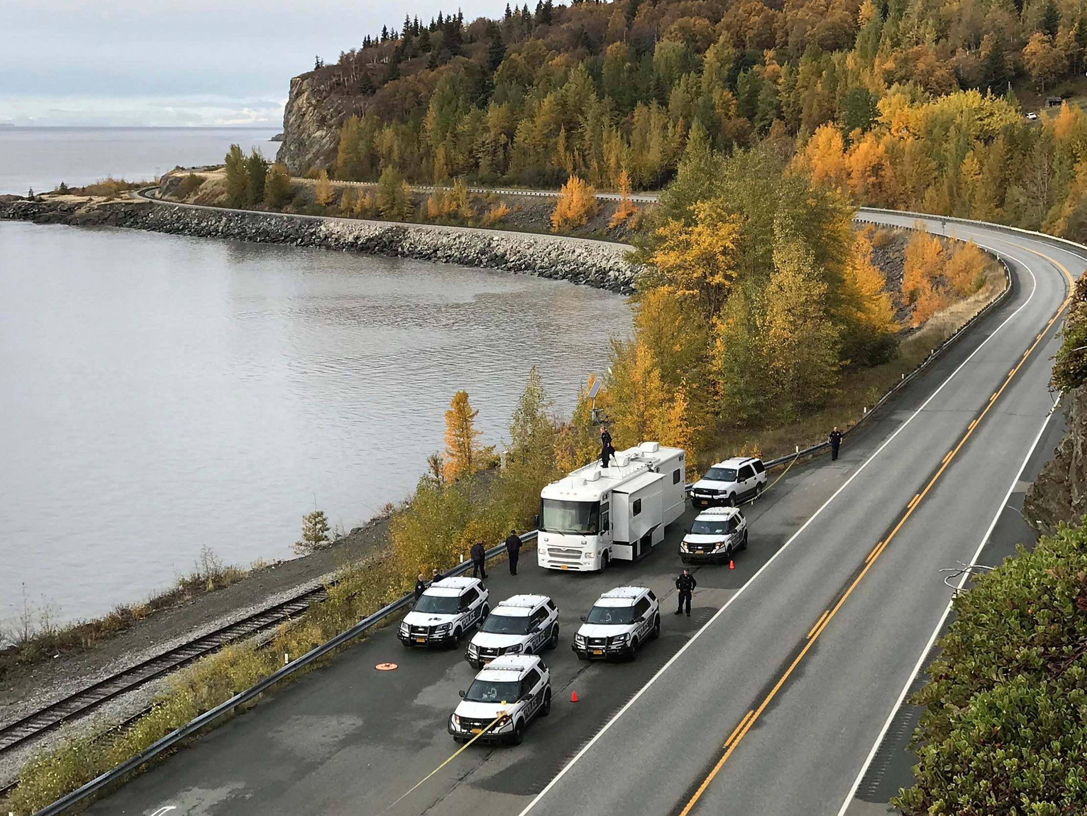 Anchorage Police were seen investigating the scene where human remains were found on the Seward Highway in Anchorage, Alaska, 2 October 2019
