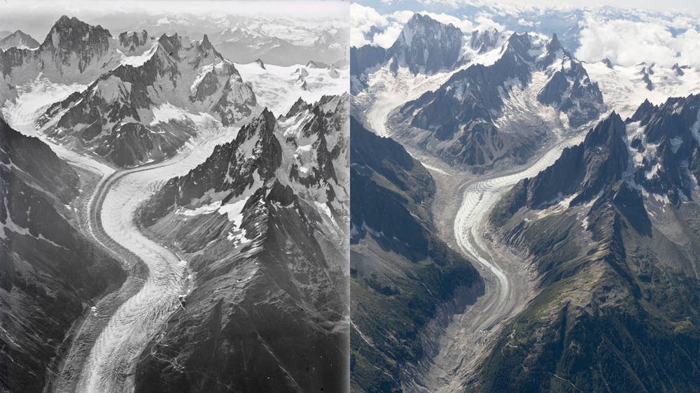 Mont Blanc aerial photographs from 1919 (left) and 2019 (right)