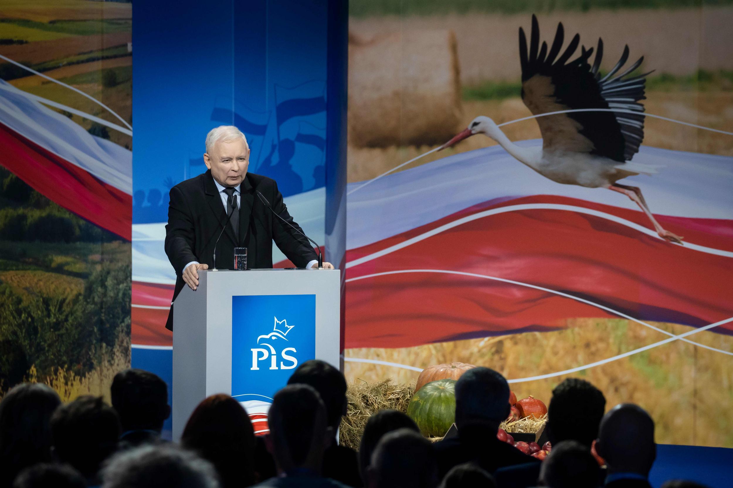 Jaroslaw Kaczynski, leader of Poland’s ruling Law and Justice (PiS) party, speaks during the party’s campaign convention in Kielce