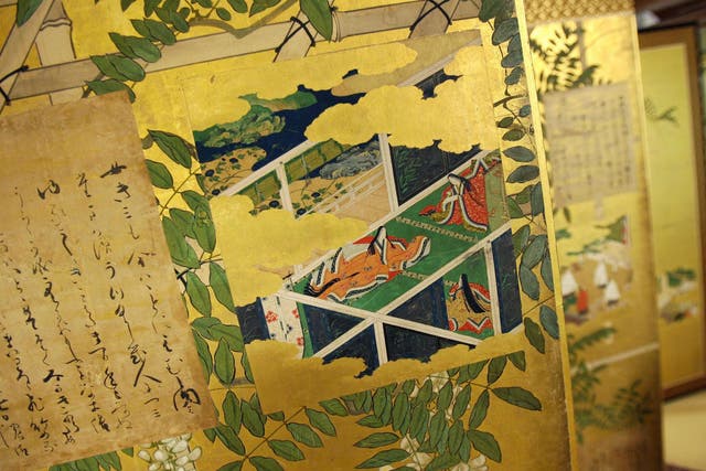 A folding screen made some 400 years ago, showing 'The Tale of Genji', is displayed at Ishiyama-dera, a temple in Otsu, Shiga Prefecture, on 10 June, 2007.