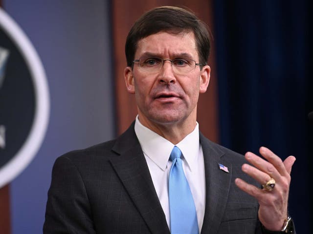 US Defence Secretary Mark Esper addresses reporters during a media briefing at the Pentagon