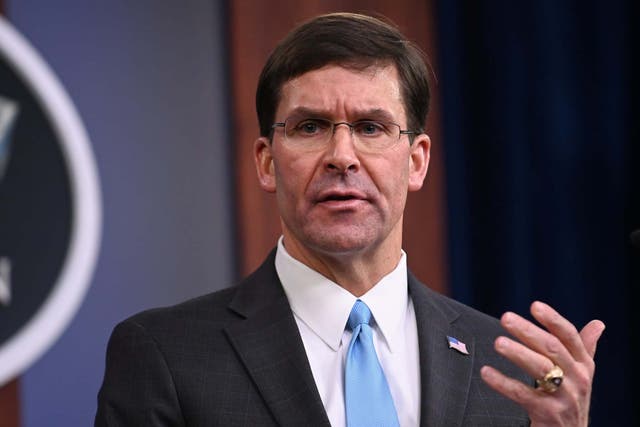 US Defence Secretary Mark Esper addresses reporters during a media briefing at the Pentagon