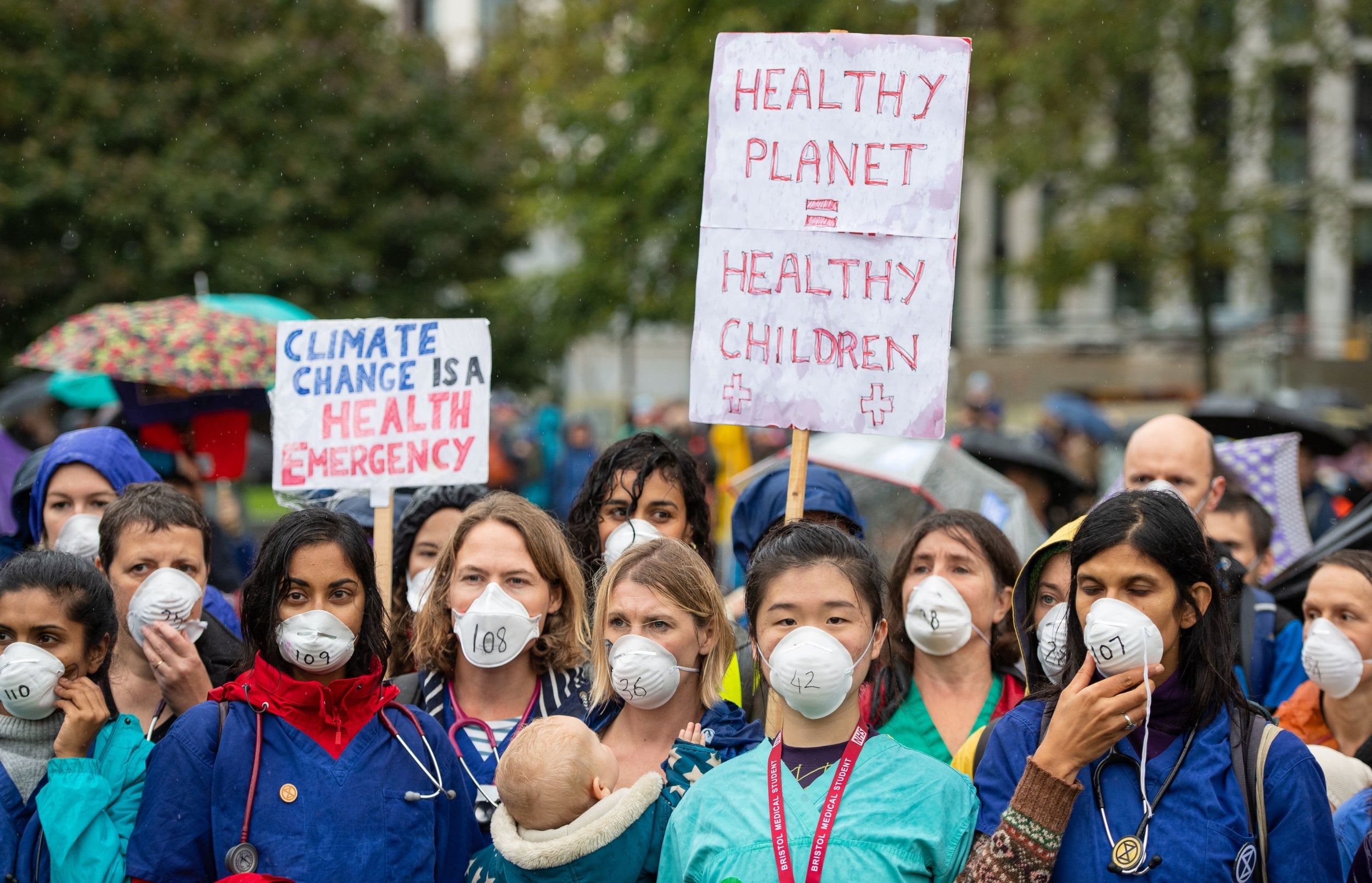 Doctors gather to protest in support of Extinction Rebellion at Jubilee Gardens, London, on 12 October 2019