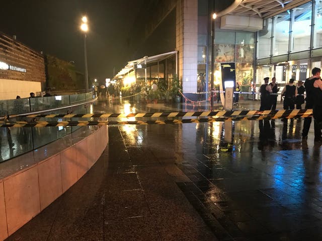 The police cordon outside Westfield London shopping centre in Shepherd's Bush where a man in his 20s was stabbed inside the centre on 12 October 2019.