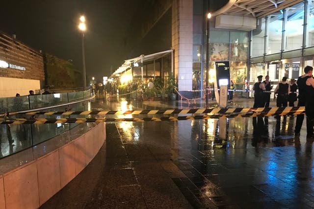 The police cordon outside Westfield London shopping centre in Shepherd's Bush where a man in his 20s was stabbed inside the centre on 12 October 2019.