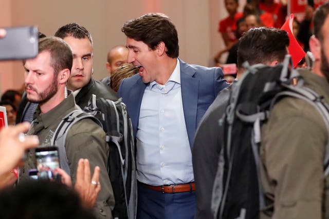 Liberal leader and Canadian Prime Minister Justin Trudeau attends a rally on Saturday evening