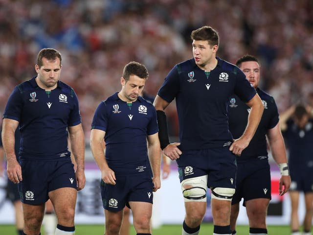 Greig Laidlaw (centre) is considering his international future after Scotland's early World Cup exit