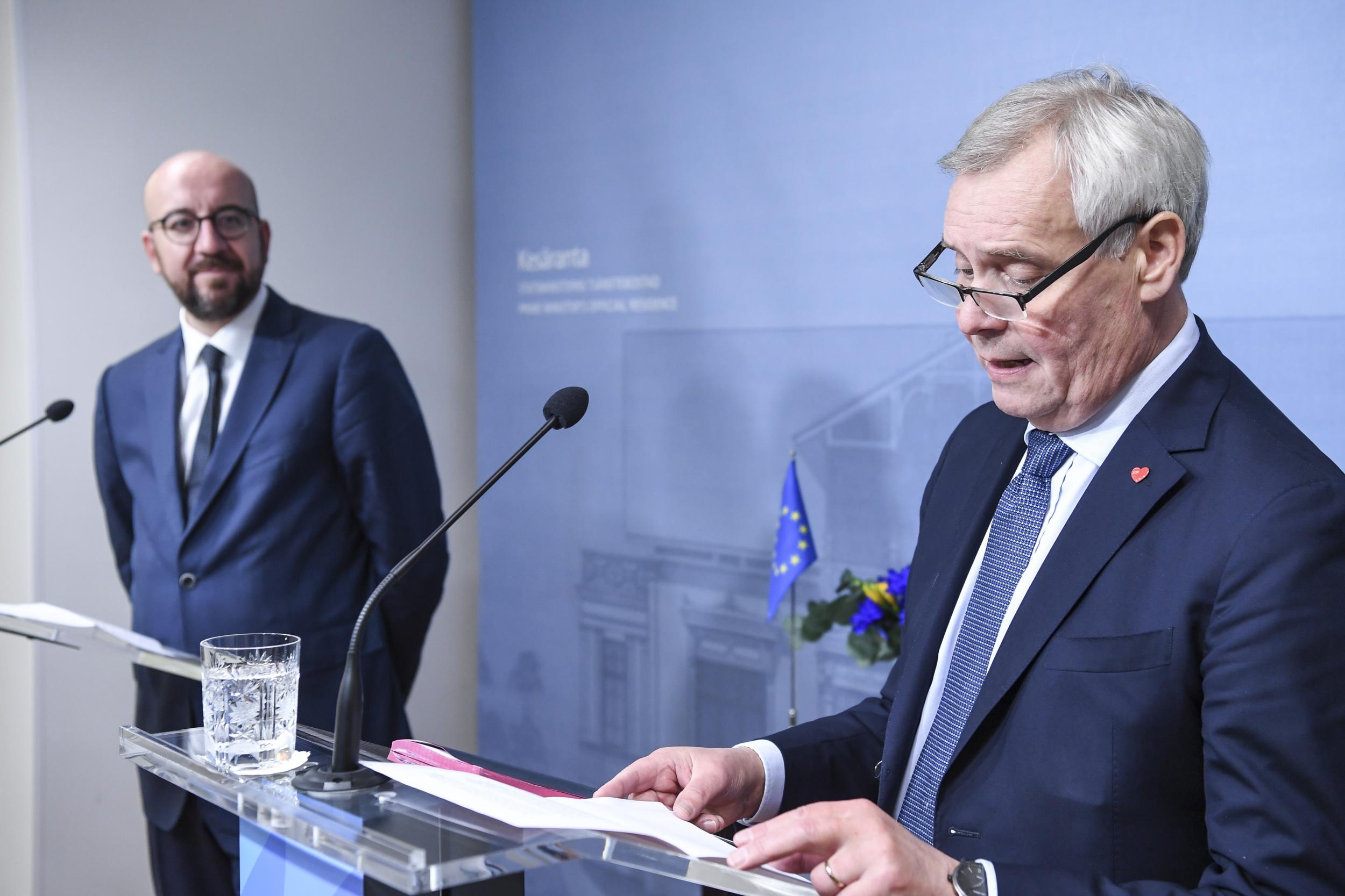 Charles Michel and Finnish prime minister Antti Rinne hold a joint press conference in Helsinki on Monday