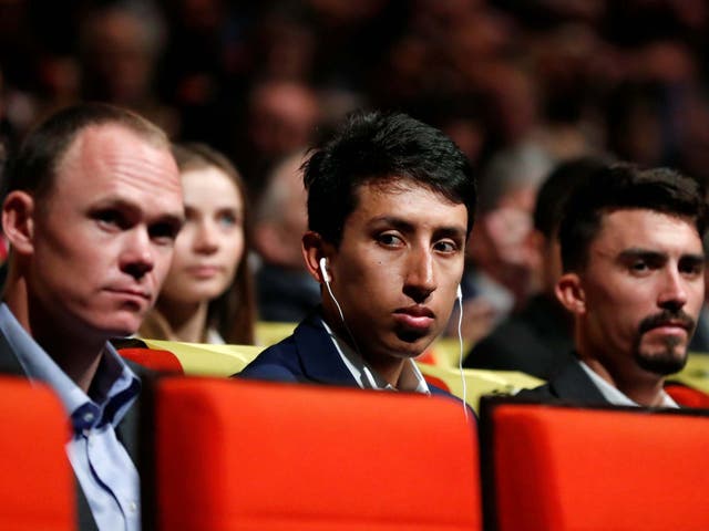 Egan Bernal at the ceremony flanked by Chris Froome and Julian Alaphilippe