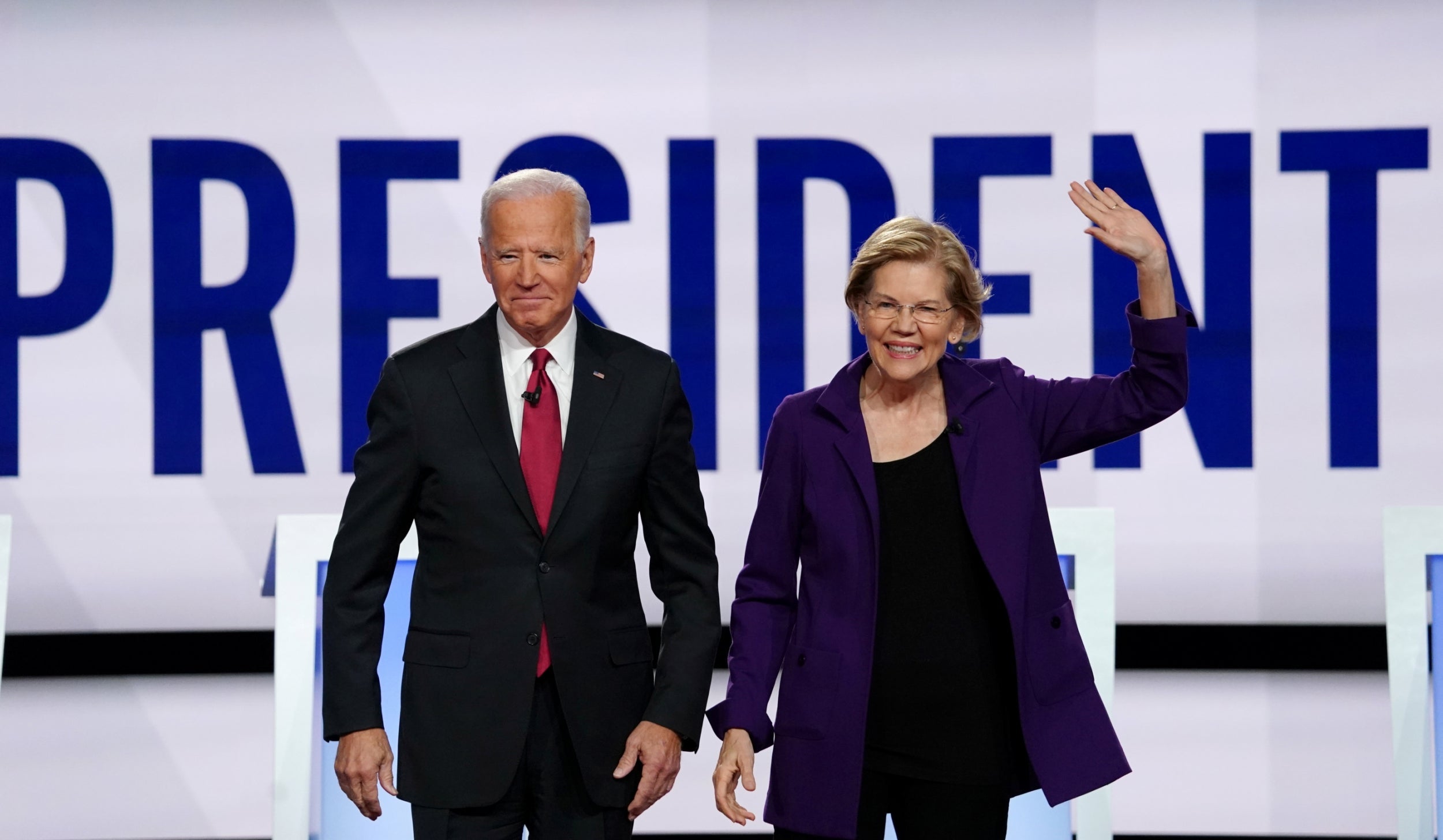 Joe Biden and Elizabeth Warren at the Democratic debate in Westerville, Ohio