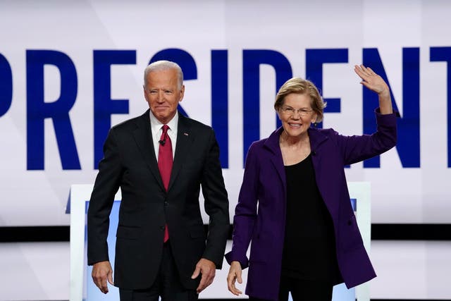 Joe Biden and Elizabeth Warren at the Democratic debate in Westerville, Ohio