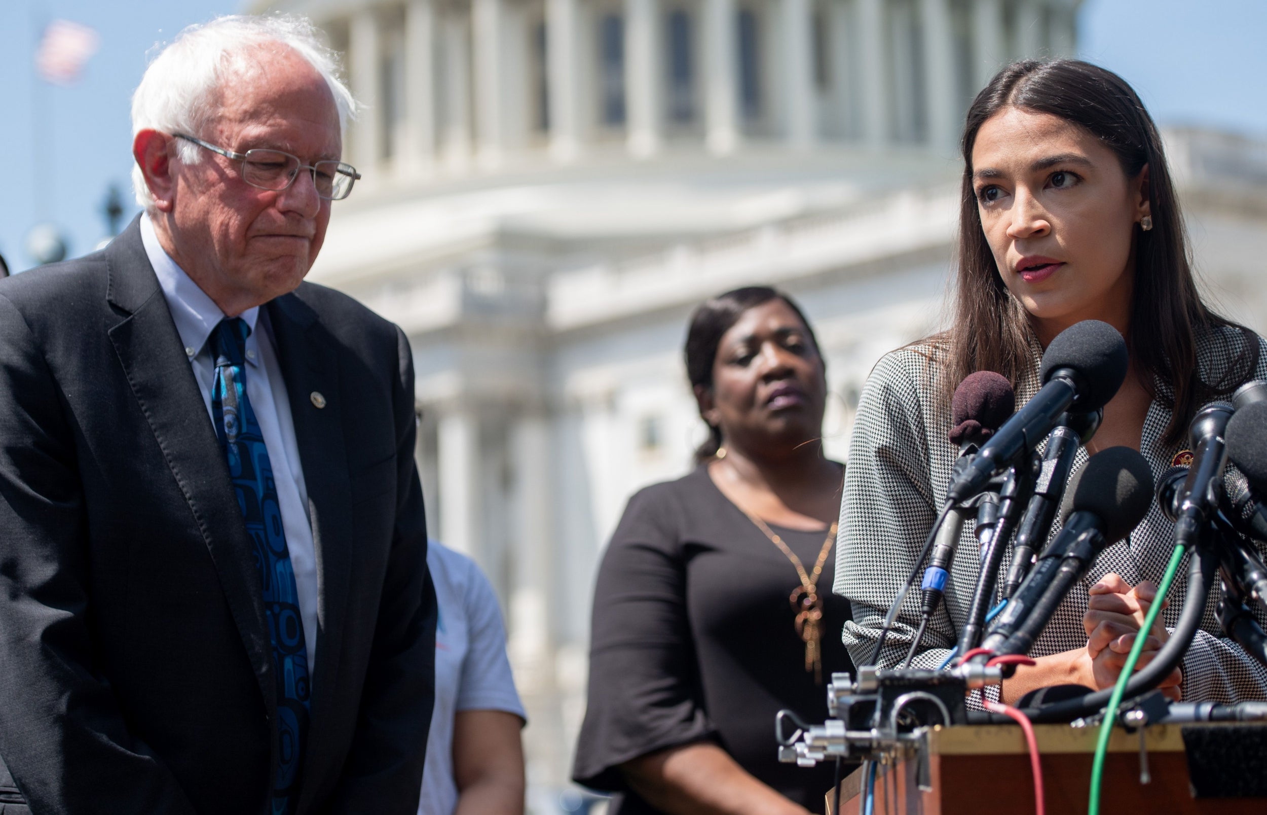 Bernie Sanders with Alexandria Ocasio-Cortez outside the US Capitol in Washington DC