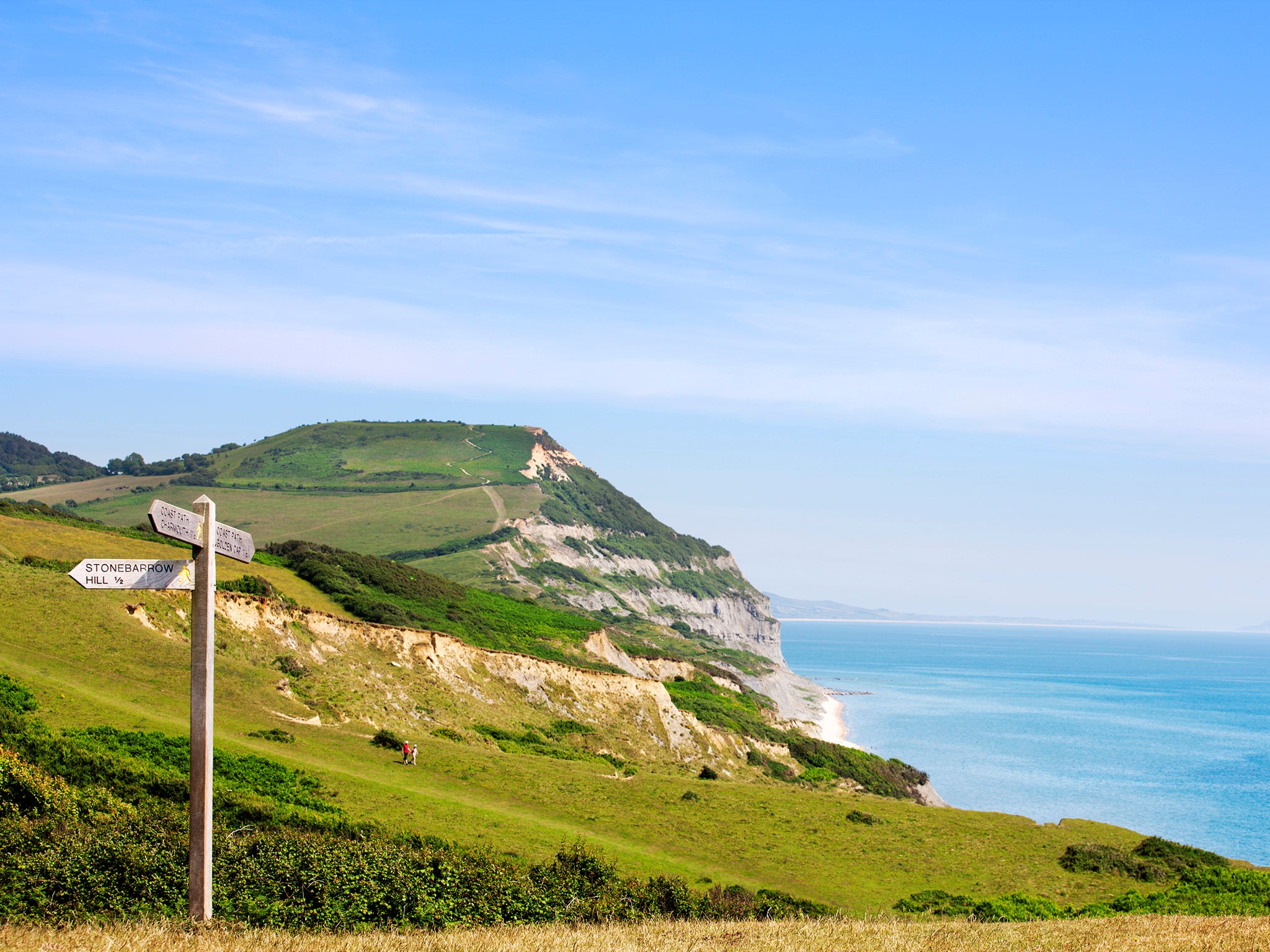 A signpost on the Jurassic Coast, Dorset, with Golden Cap in the background