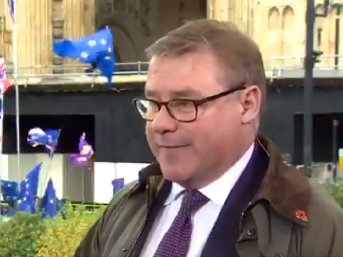 Tory Brexiteer fumes as live TV interviews repeatedly drowned out by 'stop Brexit man' protester