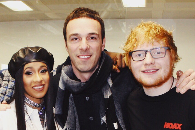 Former Atlantic Records president Ben Cook (centre) poses with Cardi B and Ed Sheeran in 2017