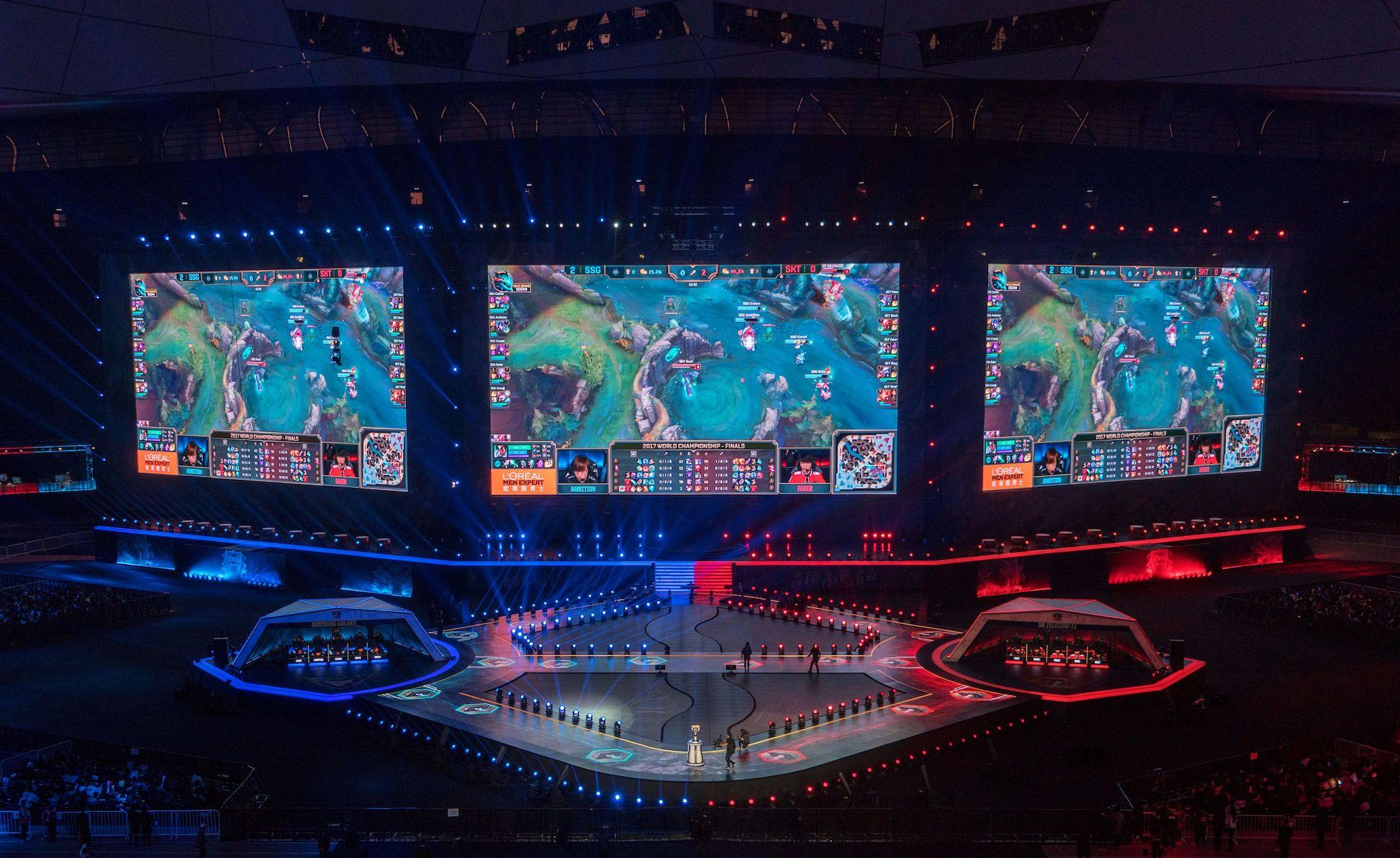 Game screen of League of Legends is seen on screens during the World Championships Final of League of Legends at the National Stadium 'Bird's Nest' in Beijing on November 4, 2017