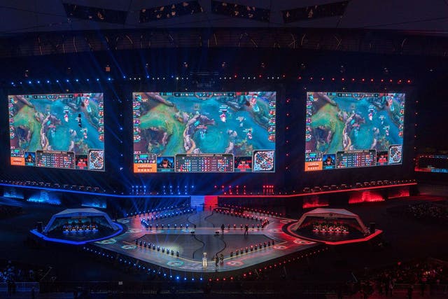 Game screen of  League of Legends is seen on screens during the World Championships Final of League of Legends at the National Stadium 'Bird's Nest' in Beijing on November 4, 2017