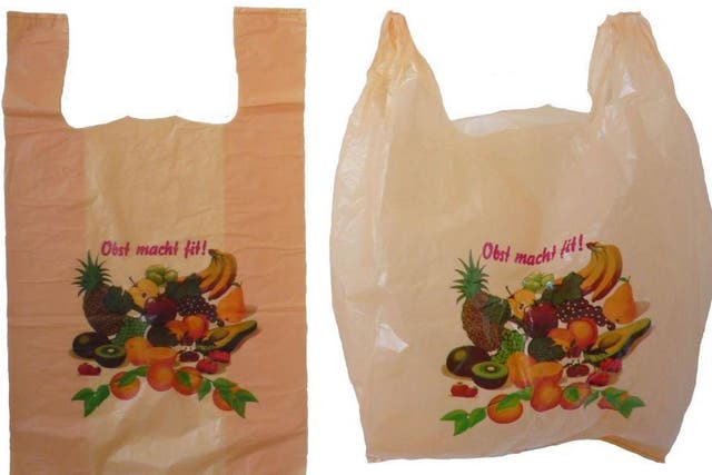 Pictured is an early German shopping bag freshly folded (left) and used (right). The German text says 'Fruit makes you fit!'