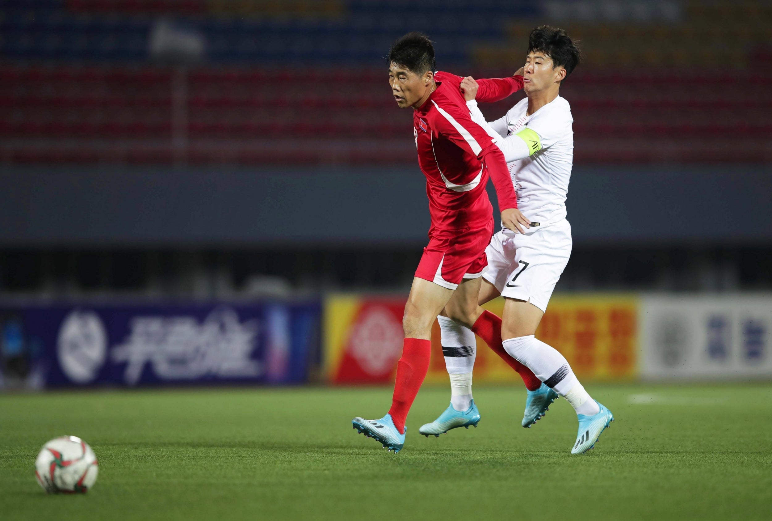 South Korea captain Son Heung-min (right) in action during Tuesday’s match against North Korea in Pyongyang