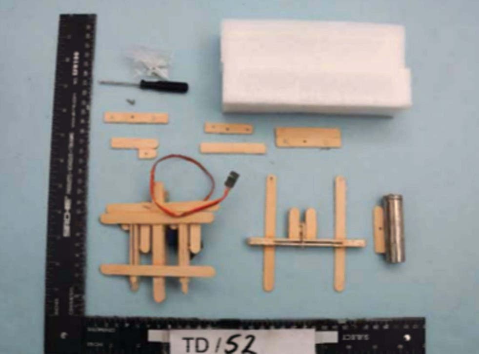 A construction made of lollipop sticks that experts found was a "viable" attachment to drop explosives from a drone