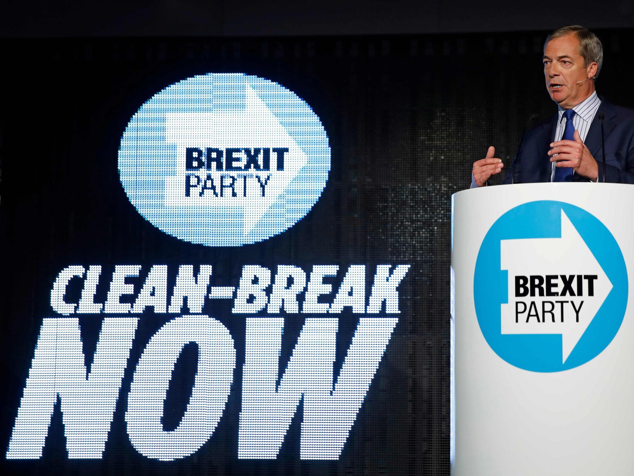 Brexit Party leader Nigel Farage delivers a speech to supporters in Westminster, central London