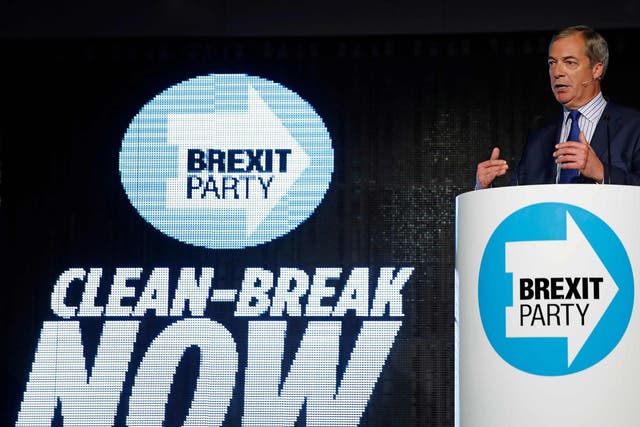 Brexit Party leader Nigel Farage delivers a speech to supporters in Westminster, central London