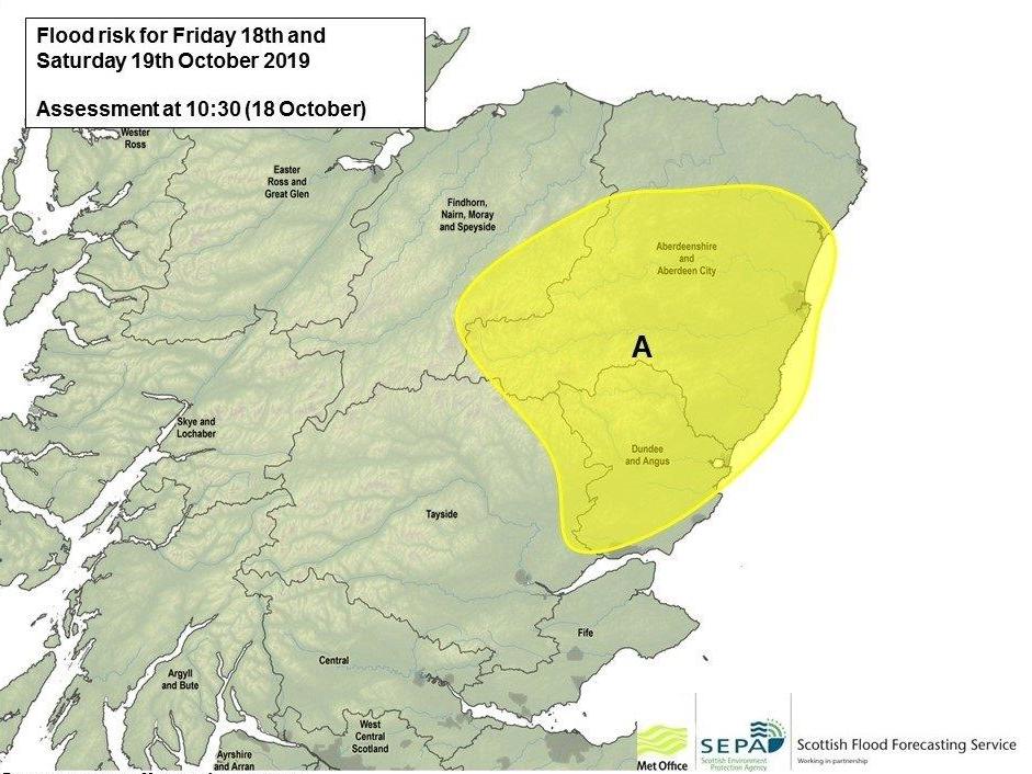 Flood warnings have been issued in Aberdeenshire and Aberdeen City and Dundee and Angus in the northeastern parts of the country (SEPA / Met Office )