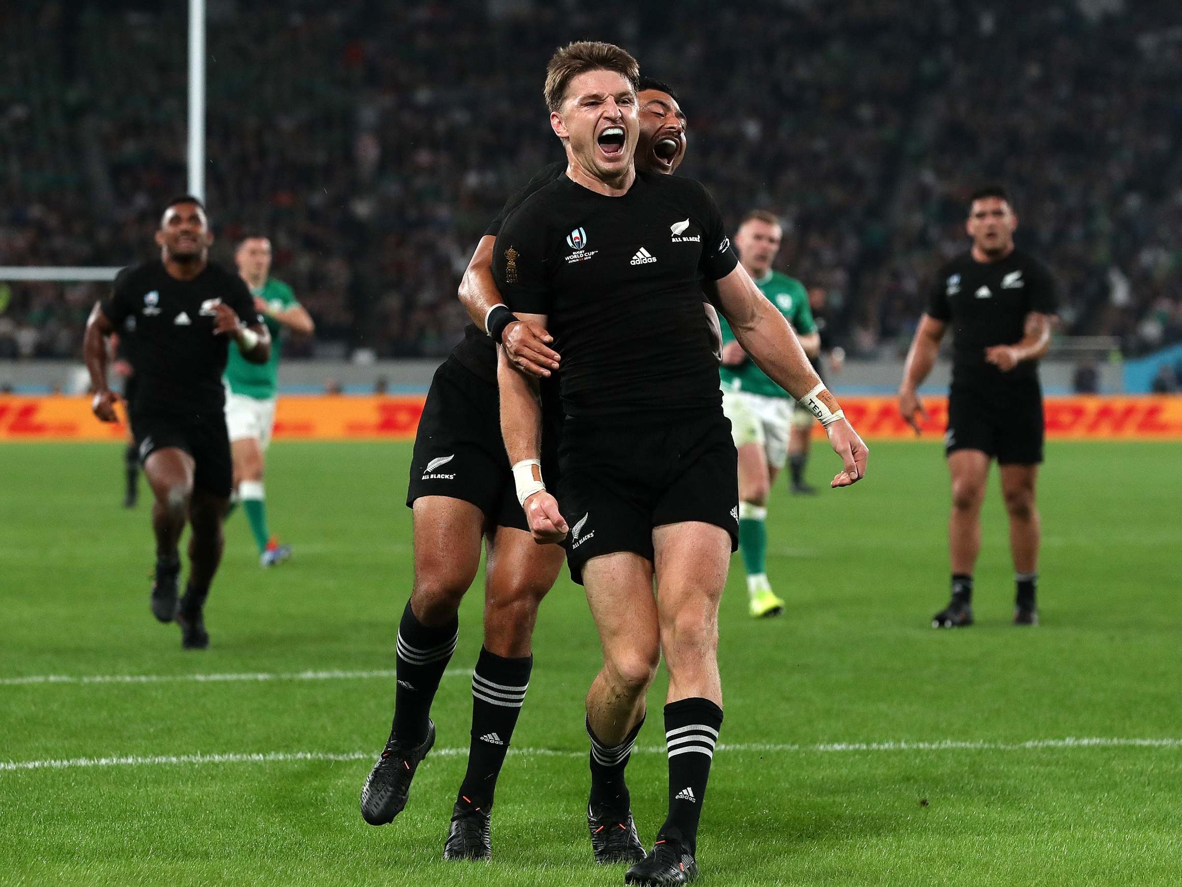 Beauden Barrett celebrates scoring for New Zealand vs Ireland