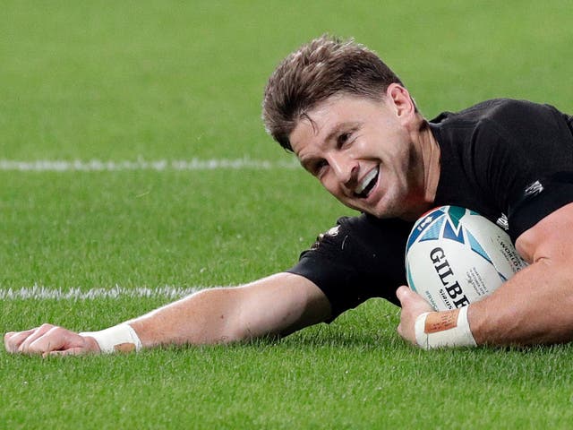 Beauden Barrett scores a try during the 2019 Rugby World Cup