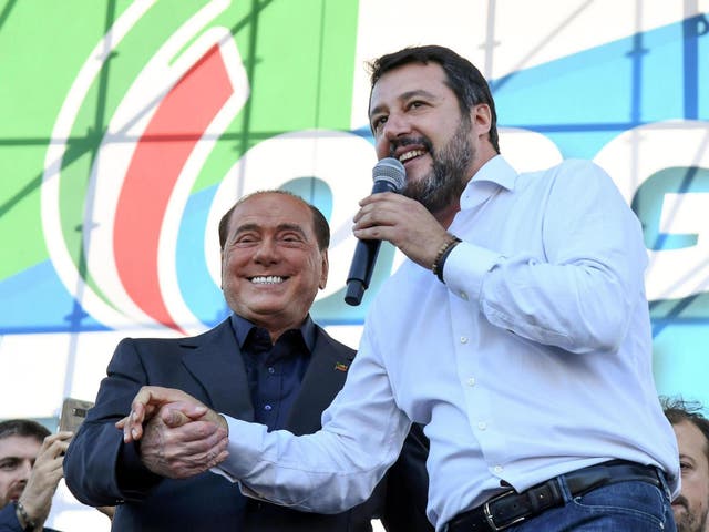 Leader of Forza Italia party, Silvio Berlusconi, and the Secretary of League party Matteo Salvini during the anti-government rally