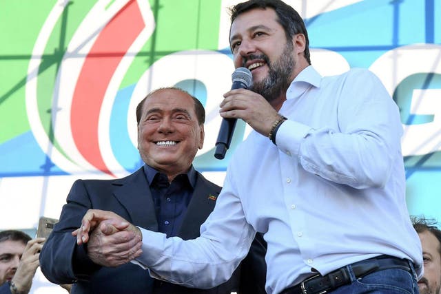 Leader of Forza Italia party, Silvio Berlusconi, and the Secretary of League party Matteo Salvini during the anti-government rally