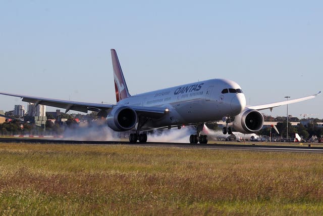 The Qantas Boeing 787 Dreamliner plane arrives at Sydney International Airport after flying direct from New York.