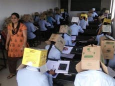 Cardboard boxes put on pupils’ heads to stop cheating in exams at Indian school