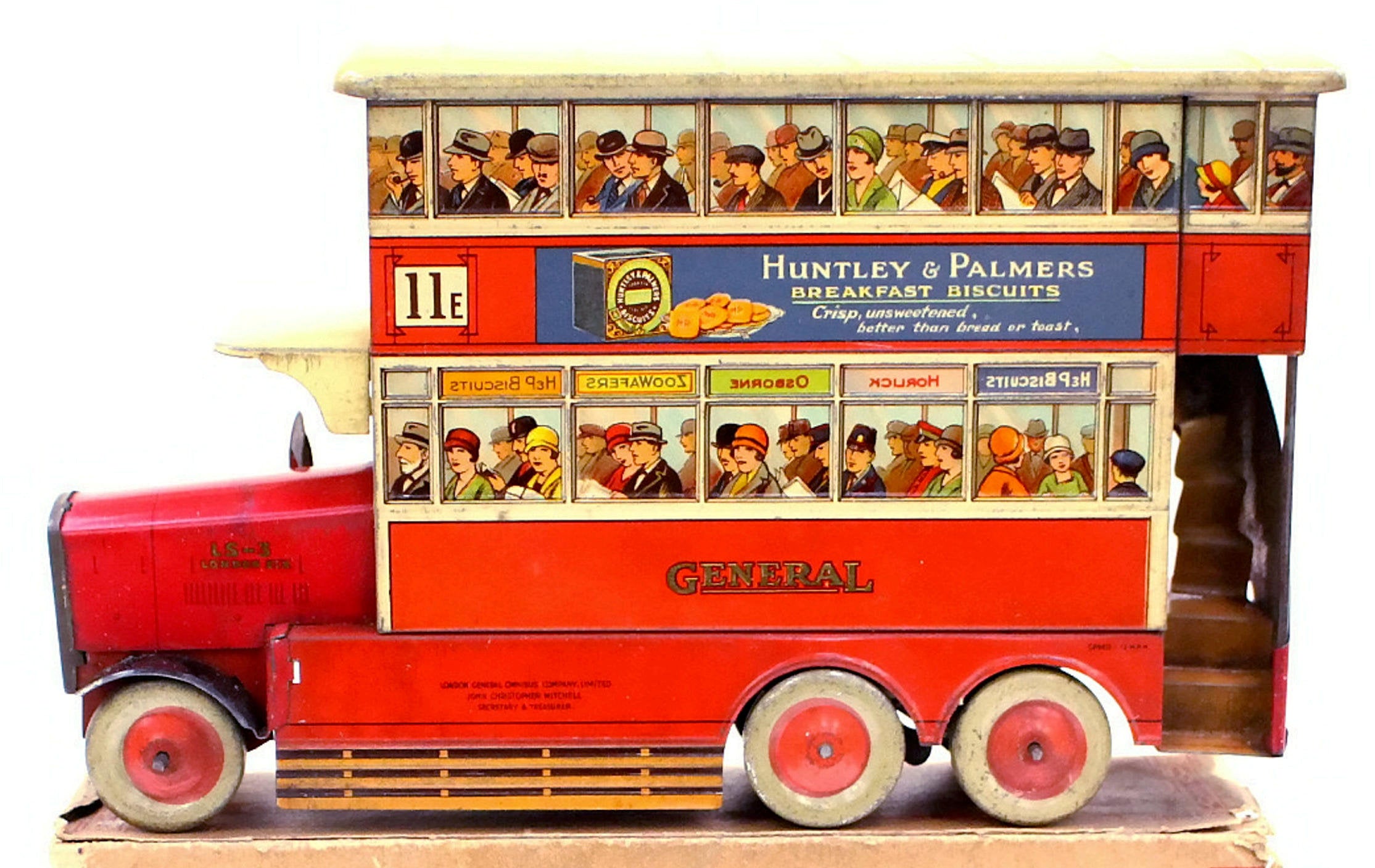 The biscuit tin depicts a red London bus on its way to Liverpool Street