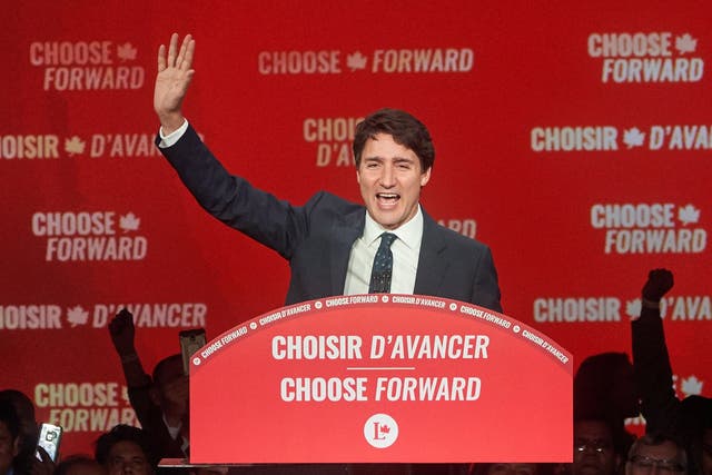 Canadian Prime Minister and Liberal Party leader Justin Trudeau waves to the crowd during a victory speech in Montreal, Quebec