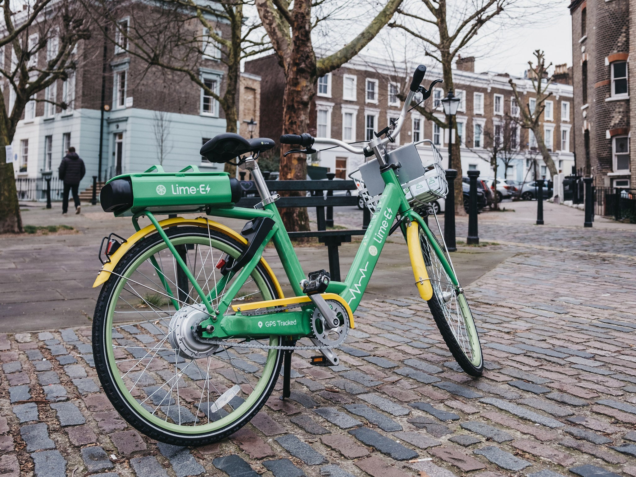 Lime’s brightly coloured fleet of electric-assist bikes parked in the UK in 2018