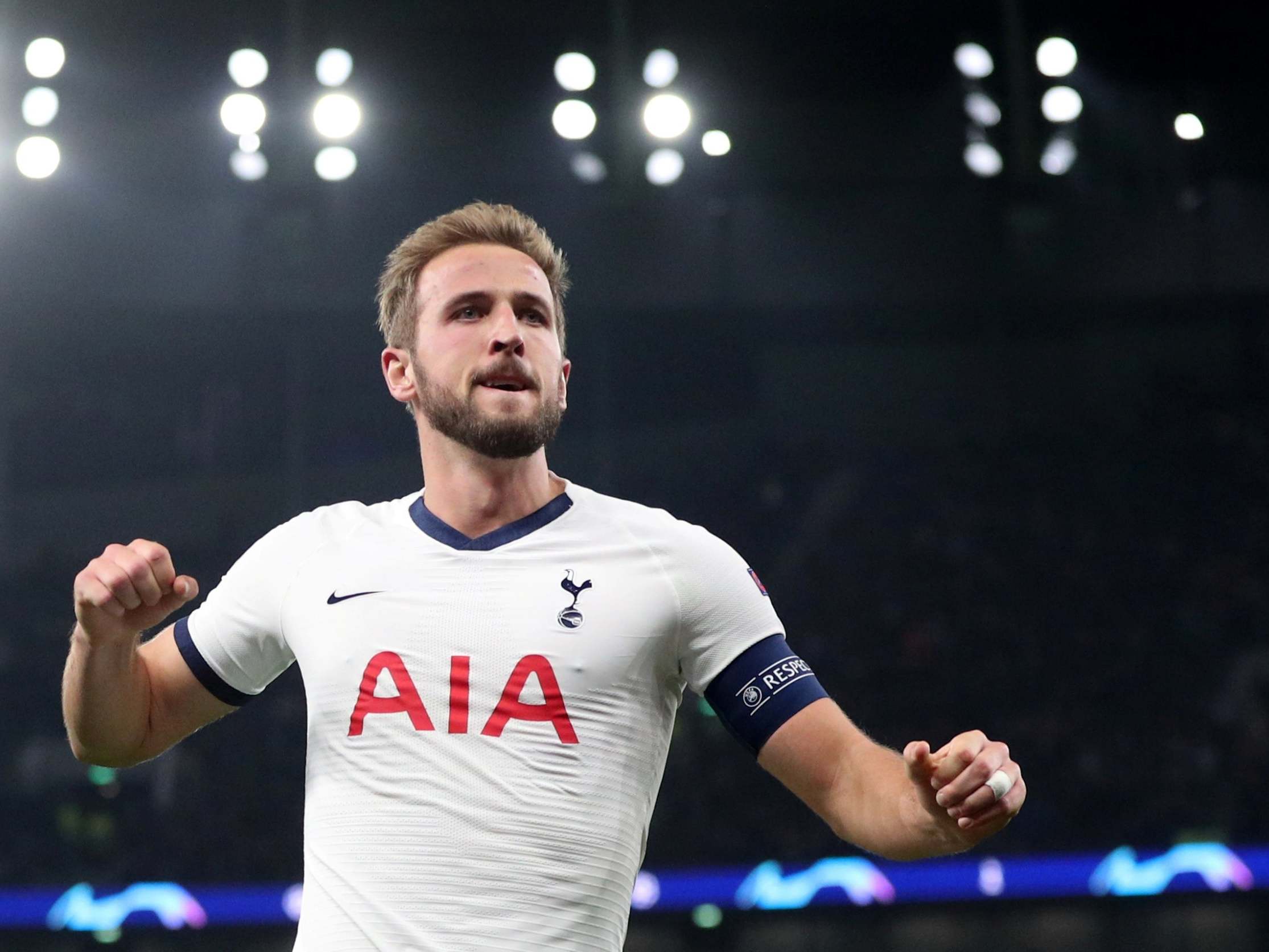 Harry Kane celebrates scoring Tottenham's fifth of the night