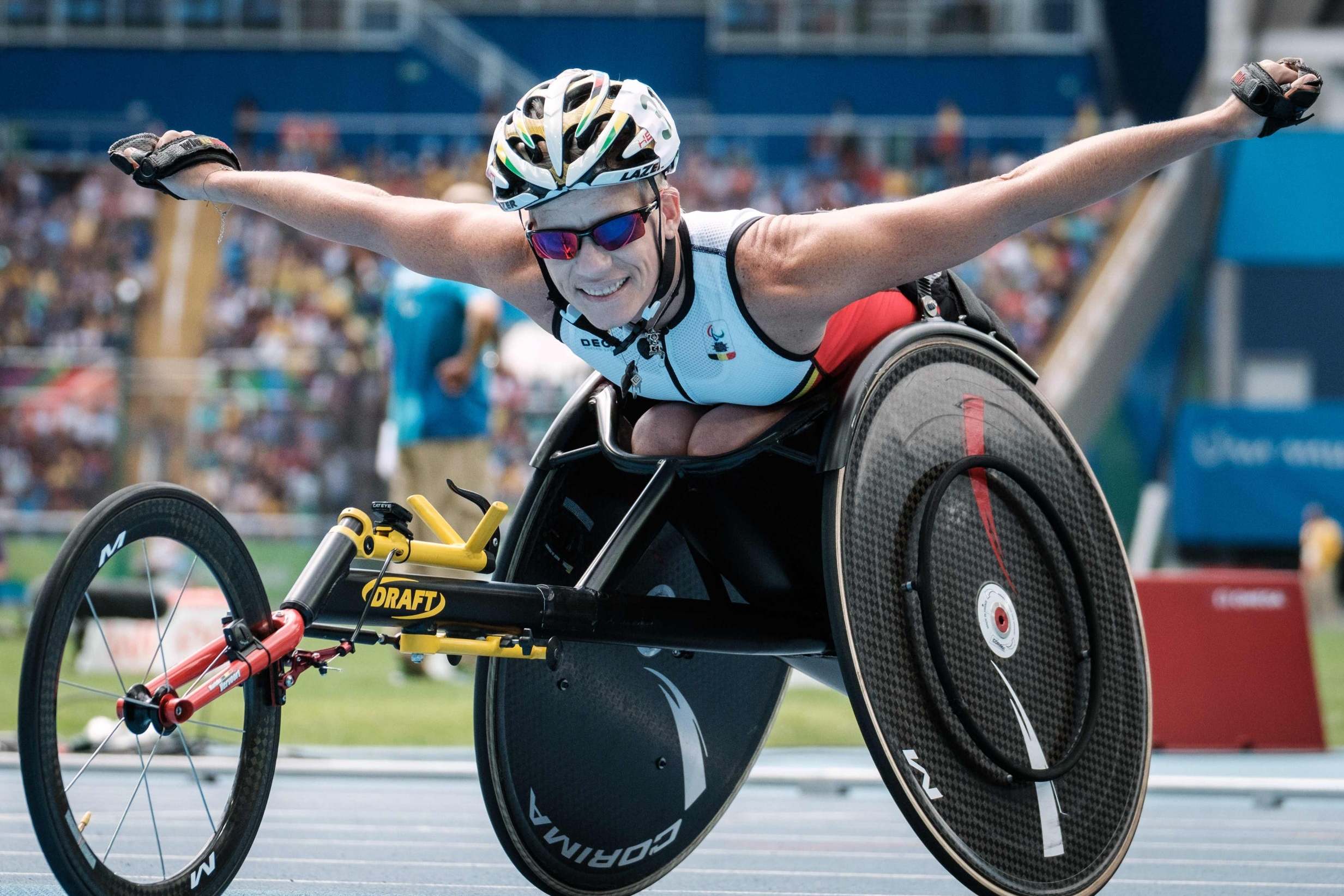 Marieke Vervroot celebrates winning silver in the 400m wheelchair race at the 2016 Rio paralympics