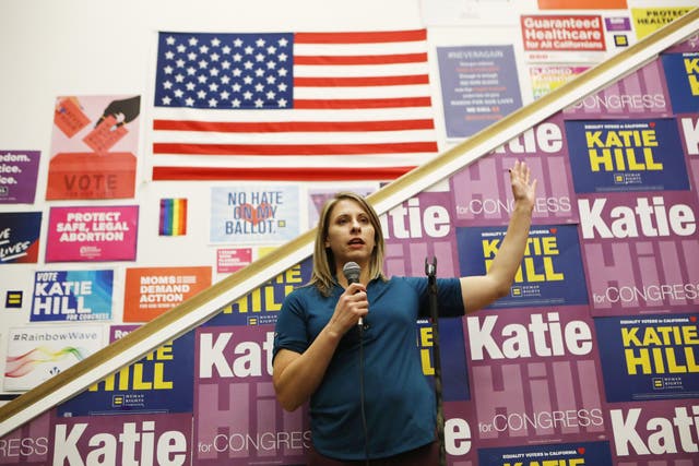 Democratic Congresswoman Katie Hill, pictured on the campaign trail in 2018, was alleged to have an affair with a campaign staffer by right-wing website RedState, which published intimate photos of her without consent.