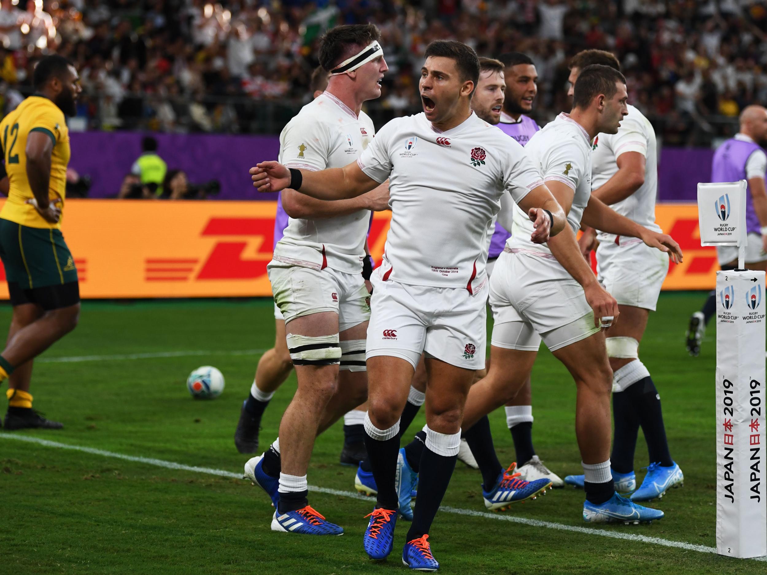 Youngs celebrates before his try is chalked off (AFP via Getty)
