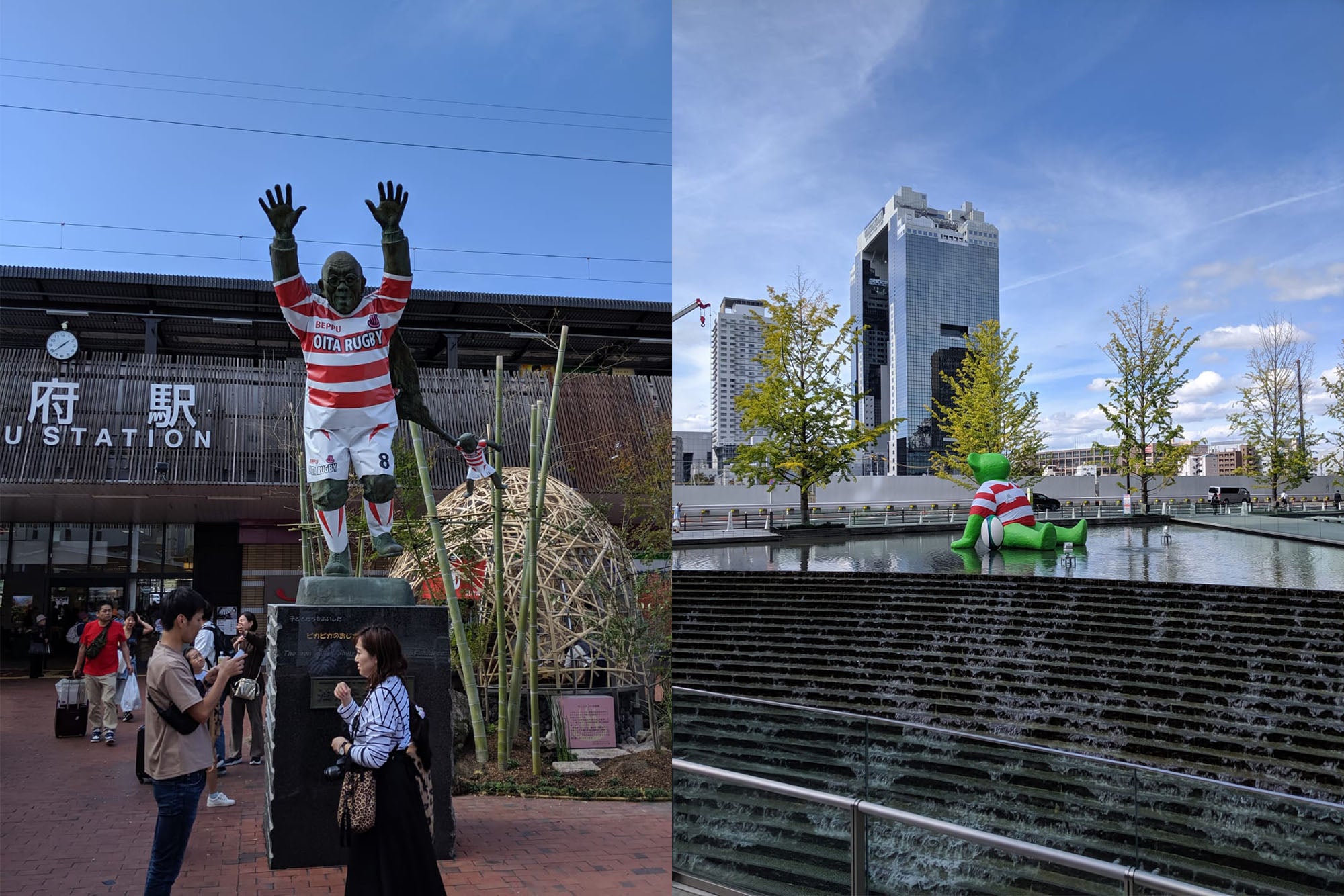 Statues and public art in host cities Oita and Osaka have been painted with cherry and white colours