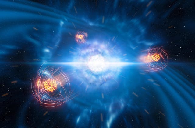 An artist's impression of two tiny but very dense neutron stars at the point at which they merge and explode as a kilonova