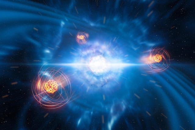 An artist's impression of two tiny but very dense neutron stars at the point at which they merge and explode as a kilonova