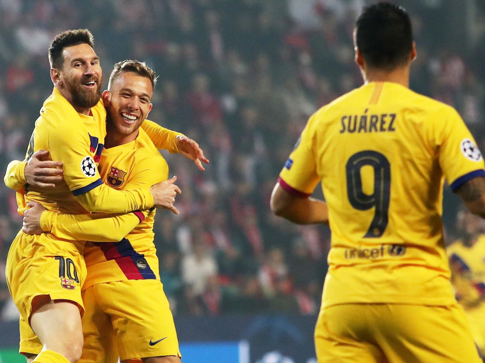 Lionel Messi celebrates after scoring Barcelona's opening goal
