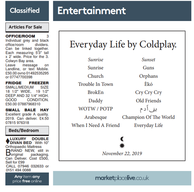 Coldplay reveal 'Everyday Life' album tracks through advert in local paper