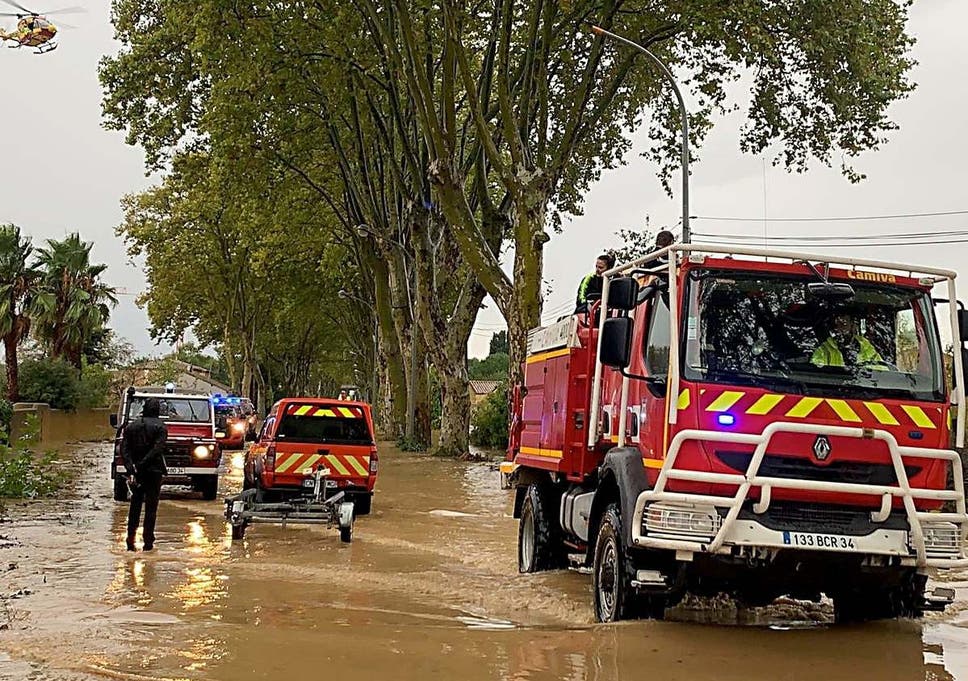 French firefighters and rescue teams in Villeneuve-les-Beziers near Beziers